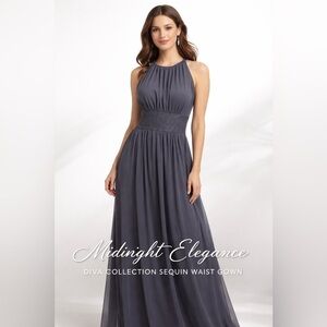 Diva Collection Sequin Waist sleeveless Flowing dress with Built in Bra (NWT)